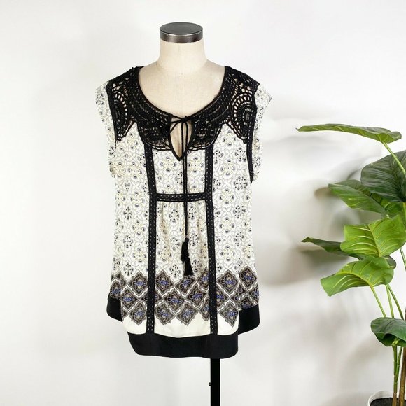 Daniel Rainn Tops - Stitch Fix Daniel Rainn Crochet Lace Yoke Broder Print Top Blouse XL Ivory Black